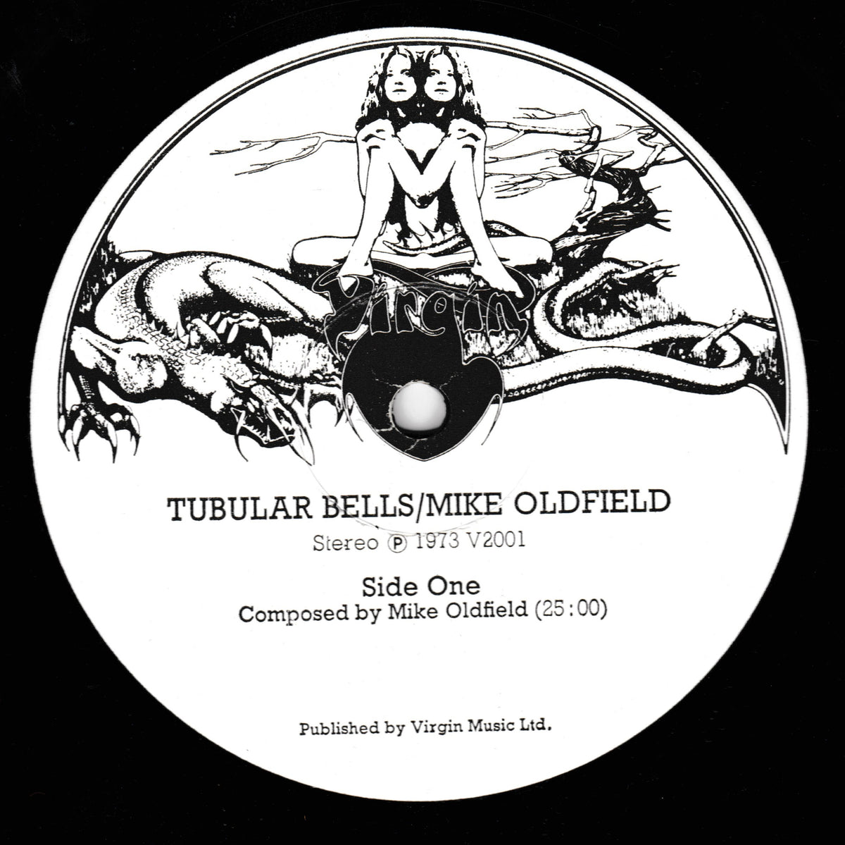 A circular black-and-white record label design for Tubular Bells / Mike Oldfield Side One, with illustrated figures and text including 'Published by Virgin Music Ltd.' on a black background.