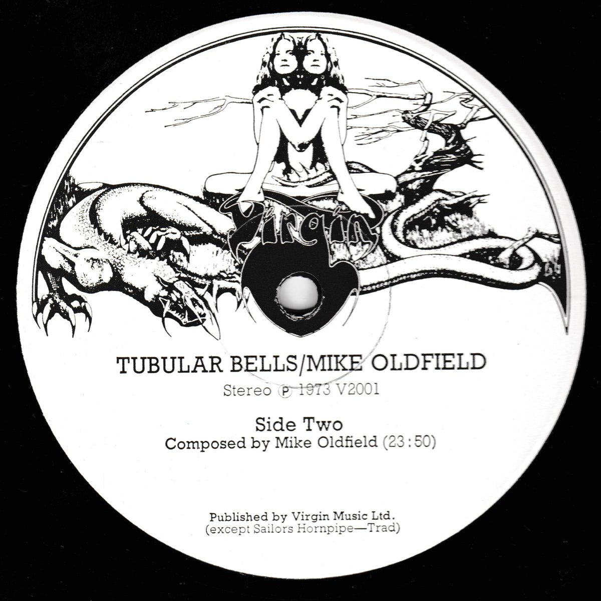 A black-and-white circular album label or record centre label with illustrated fantasy artwork and text reading 'TUBULAR BELLS/MIKE OLDFIELD' and 'Side Two'.