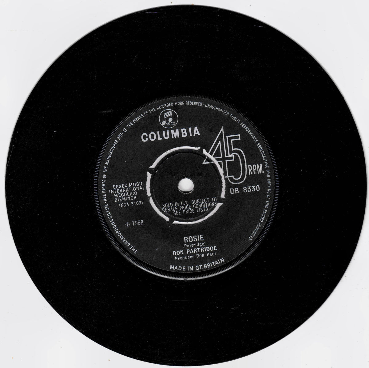 A black 45 RPM vinyl record with a white Columbia label, featuring the song 'Rosie' by Don Partridge. The record is photographed on a clean white background.