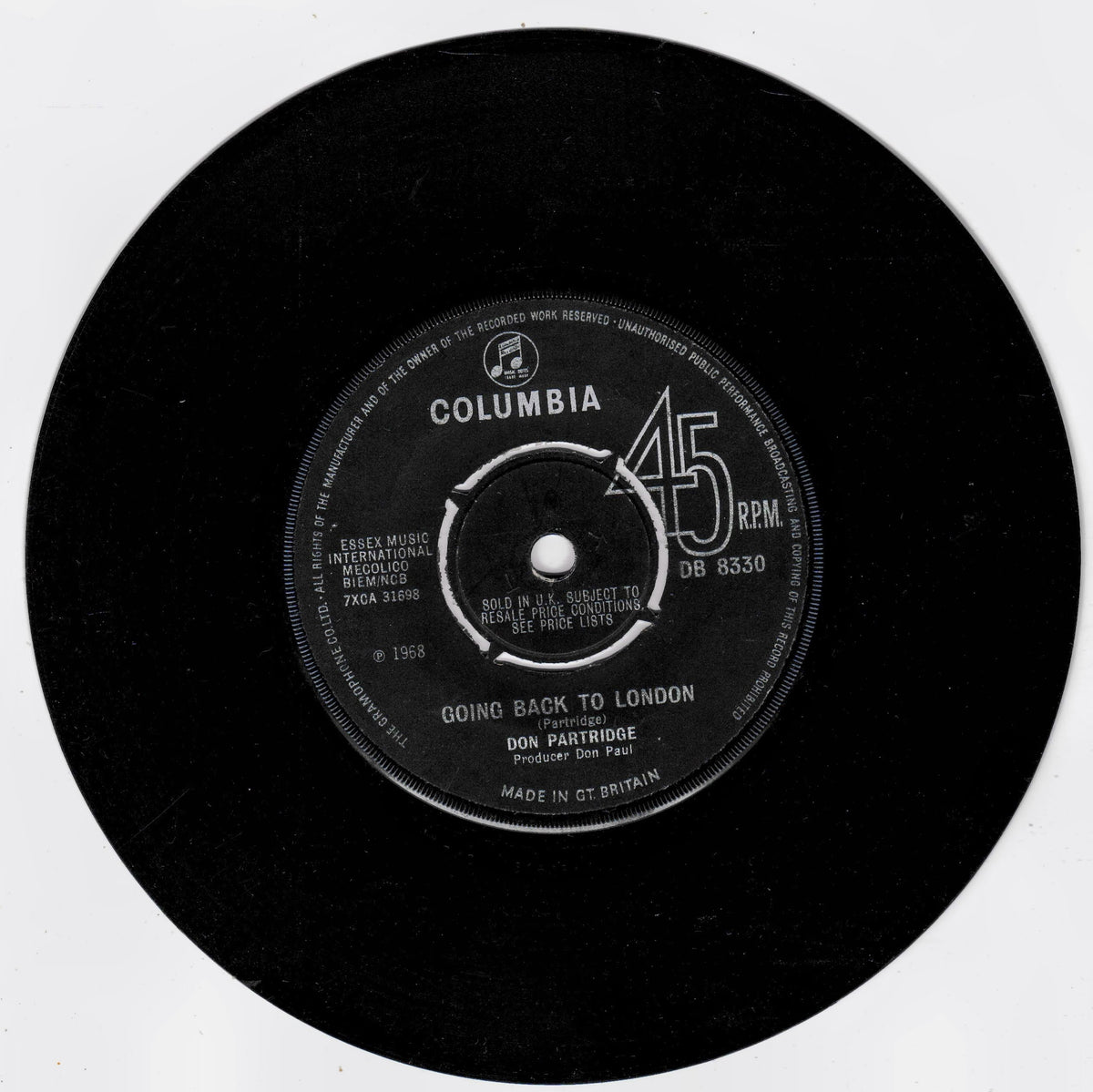 A black 45 RPM vinyl record with a white Columbia label, featuring the song 'Going Back to London' by Don Partridge.