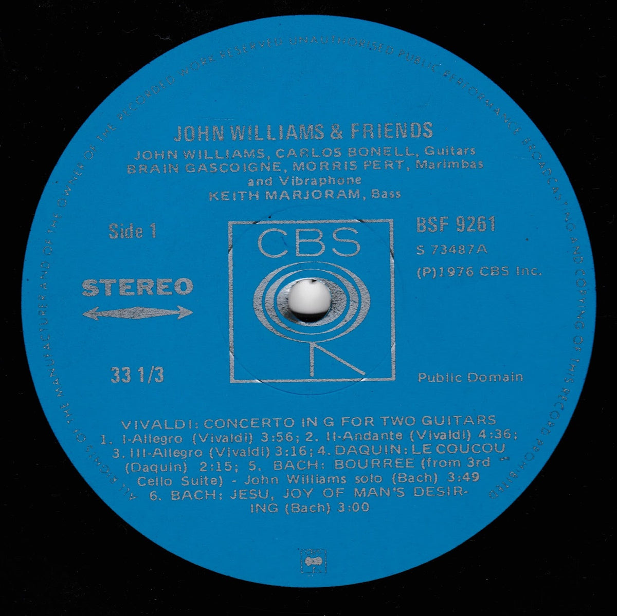 A blue vinyl record label for CBS Records featuring John Williams & Friends performing Vivaldi's Concerto in G, with tracklist text and CBS branding on a black background.