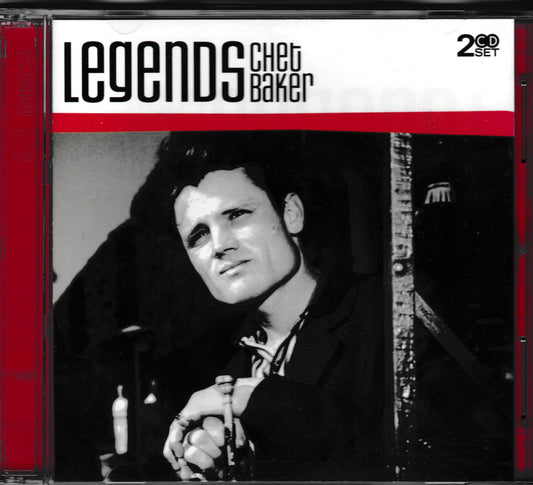 Chet Baker 'Legends' 2-CD set album cover, featuring a black and white portrait of the artist with a bold red and white header and red side panels.