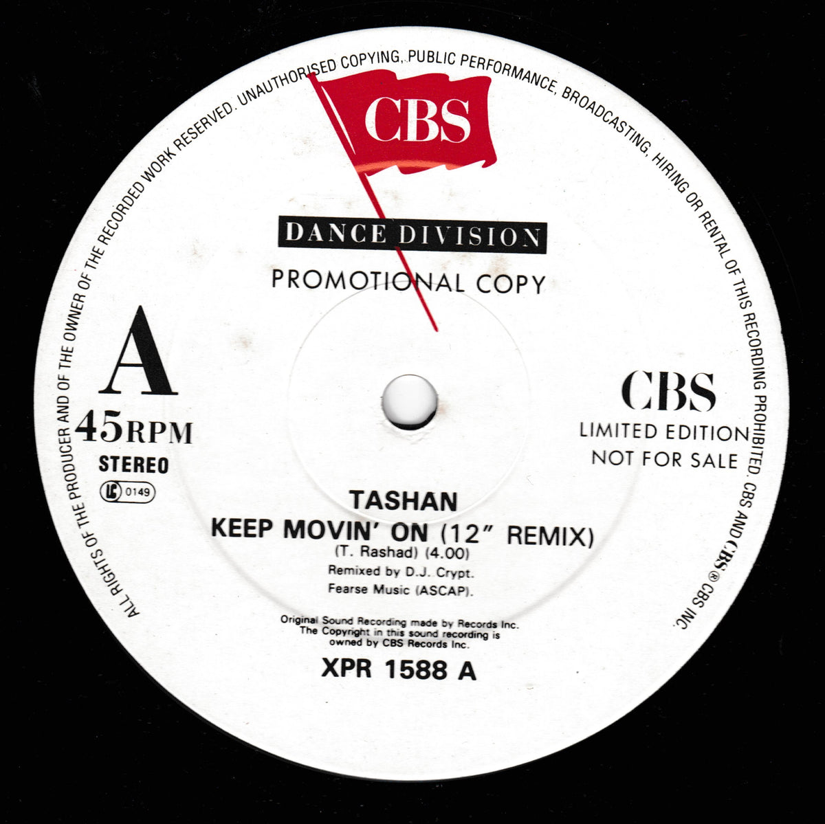 A CBS Dance Division promotional copy 12-inch vinyl record label for Tashan's 'Keep Movin' On (12" Remix)', featuring a white label with black text, a red CBS logo, and a black background.