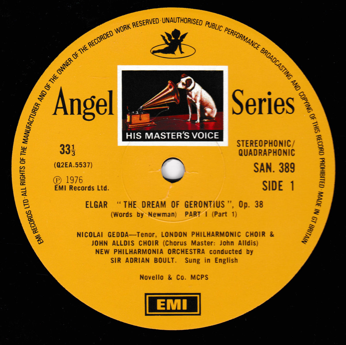 A yellow vinyl record label for Angel Series 'Elgar The Dream of Gerontius Op. 38' Side 1, featuring the EMI logo and a central illustration of a dog with a gramophone.
