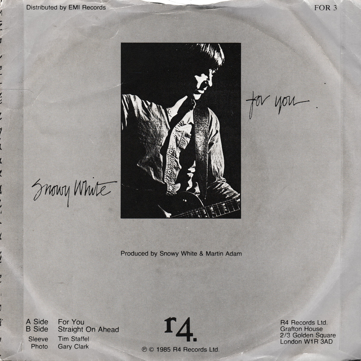 Snowy White 'For You' 7-inch vinyl record sleeve, released on R4 Records. The sleeve is printed in black ink on off-white paper, featuring a central black-and-white photo of the artist, handwritten 'Snowy White' and 'for you', and track listing details at the bottom.