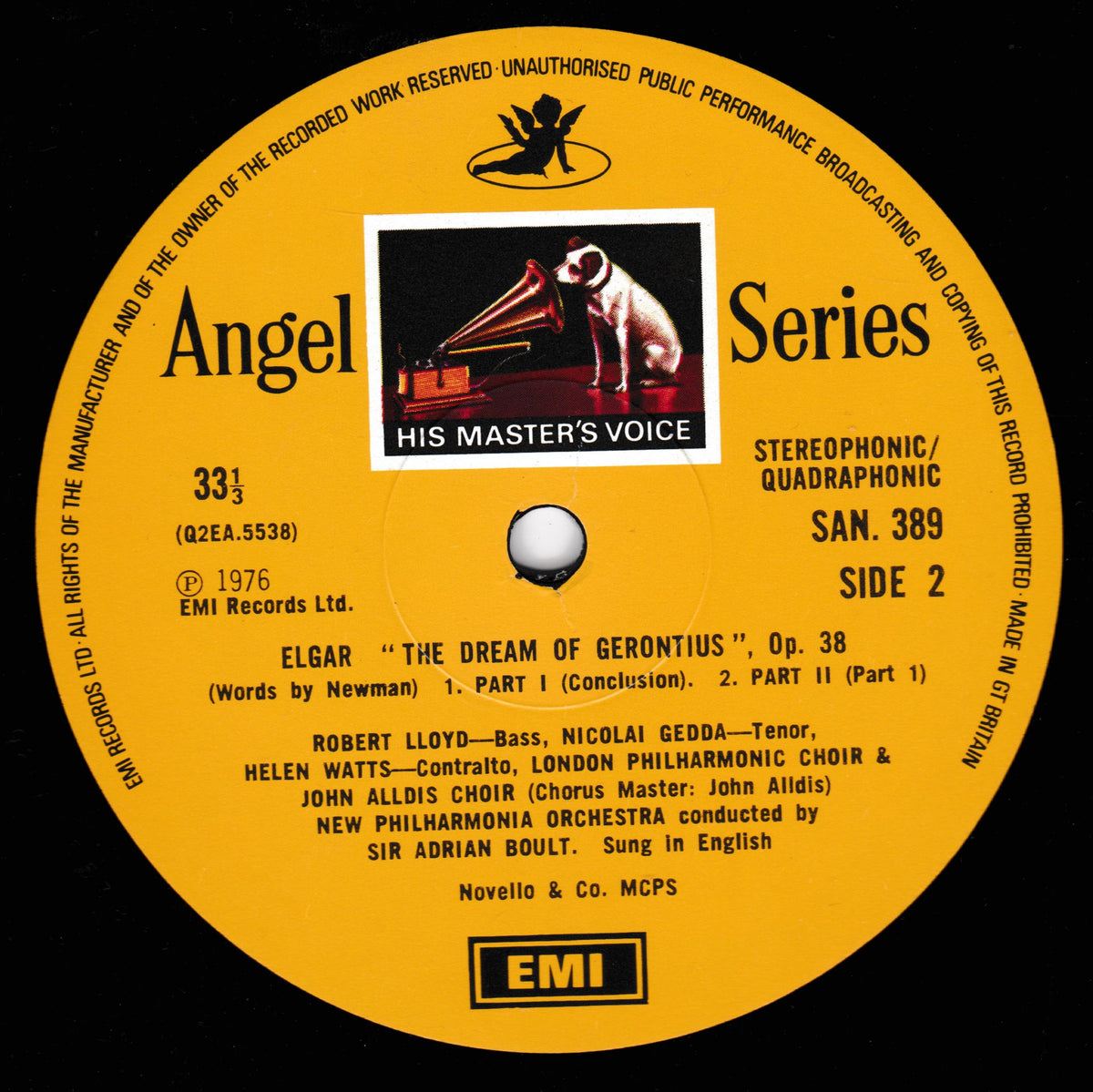 A yellow vinyl record label for Angel Series Side 2, featuring the EMI Records logo and cover art of a dog on a gramophone. The text includes 'ELGAR "THE DREAM OF GERONTIUS", Op.