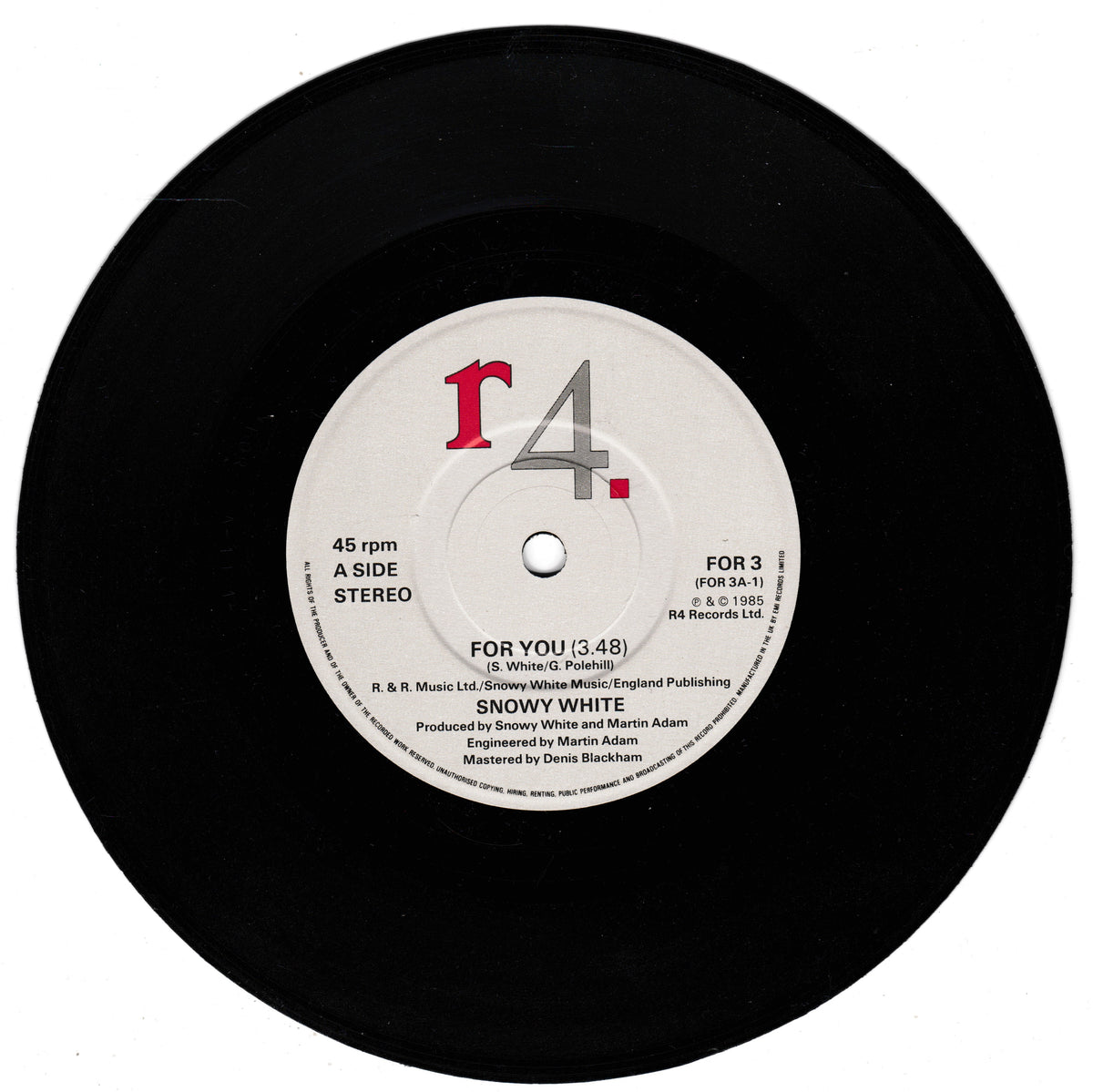 A black vinyl record with a white centre label featuring the red and gray 'r4.' logo and text for 'For You (3:48)' by Snowy White, photographed on a plain white background.