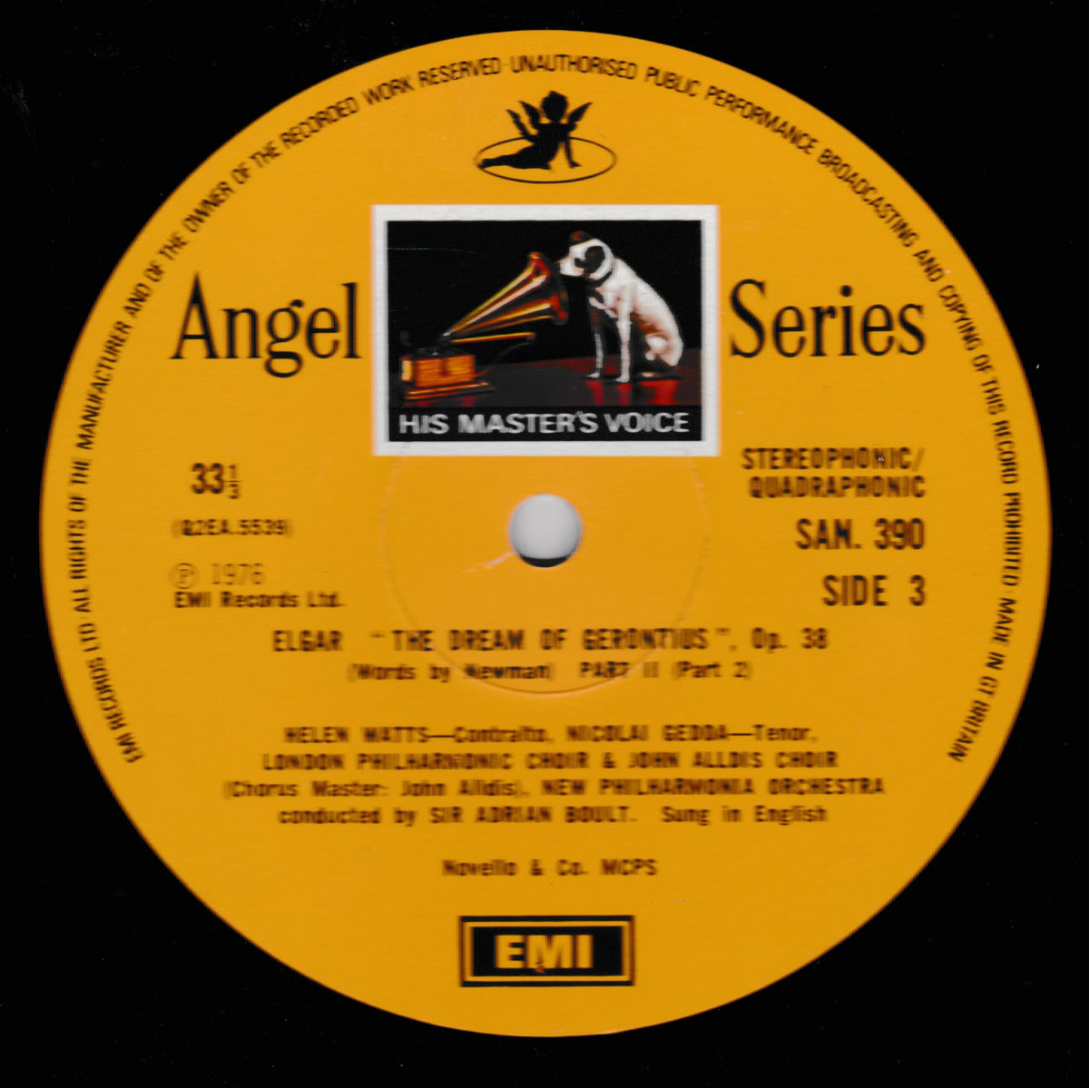 A yellow vinyl record label for Angel Series Side 3 of 'Elgar The Dream of Gerontius' from EMI Records Ltd., featuring a central logo with a dog on a gramophone and black text on a black background.