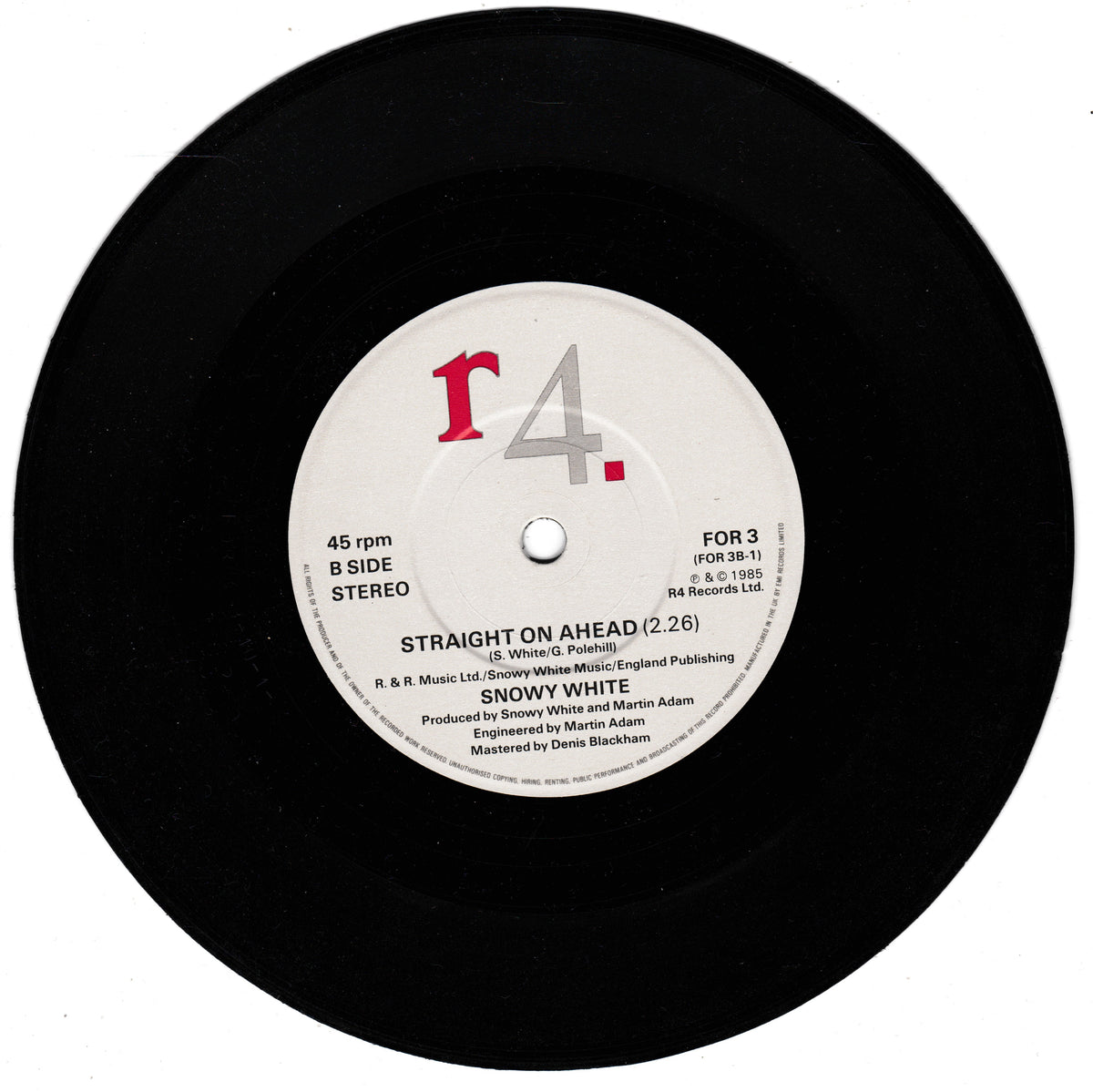 A black 7-inch vinyl record with a white centre label featuring the red and gray 'r4.' logo and track information for Snowy White's 'Straight on Ahead (2:28)'.