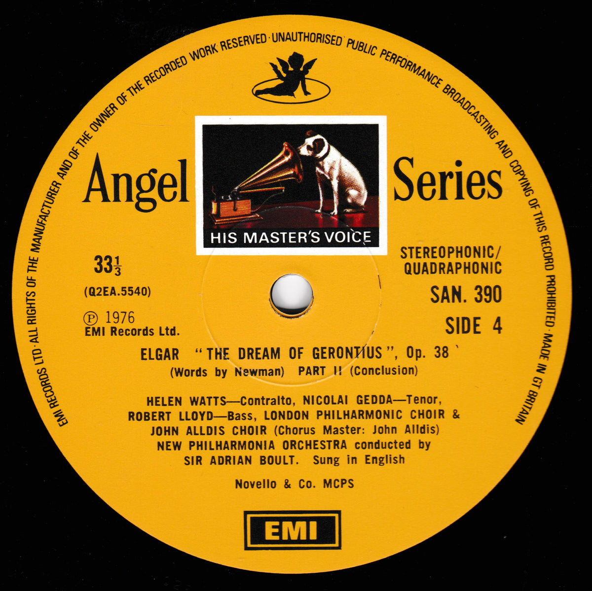 A yellow vinyl record label for Angel Series Side 4, featuring the song 'Elgar The Dream of Gerontius'. The label includes the Angel and EMI Records Ltd.