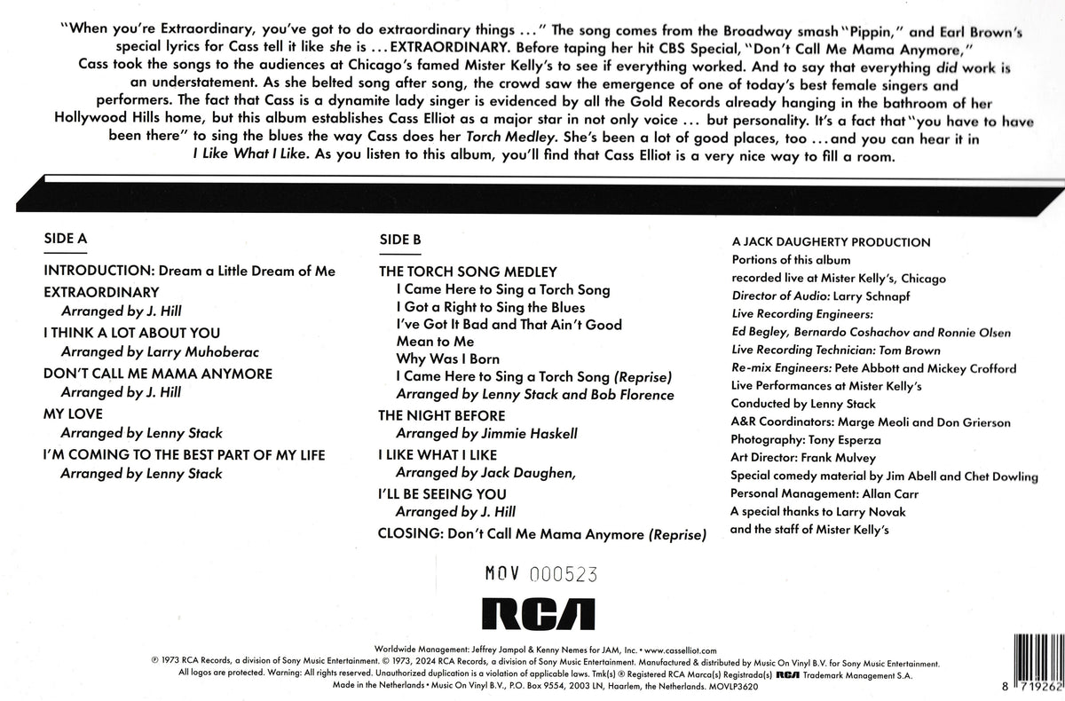 The back cover of the 'Don't Call Me Mama Anymore' album by Cass Elliot, featuring track listings, credits, and barcode information on a black background.