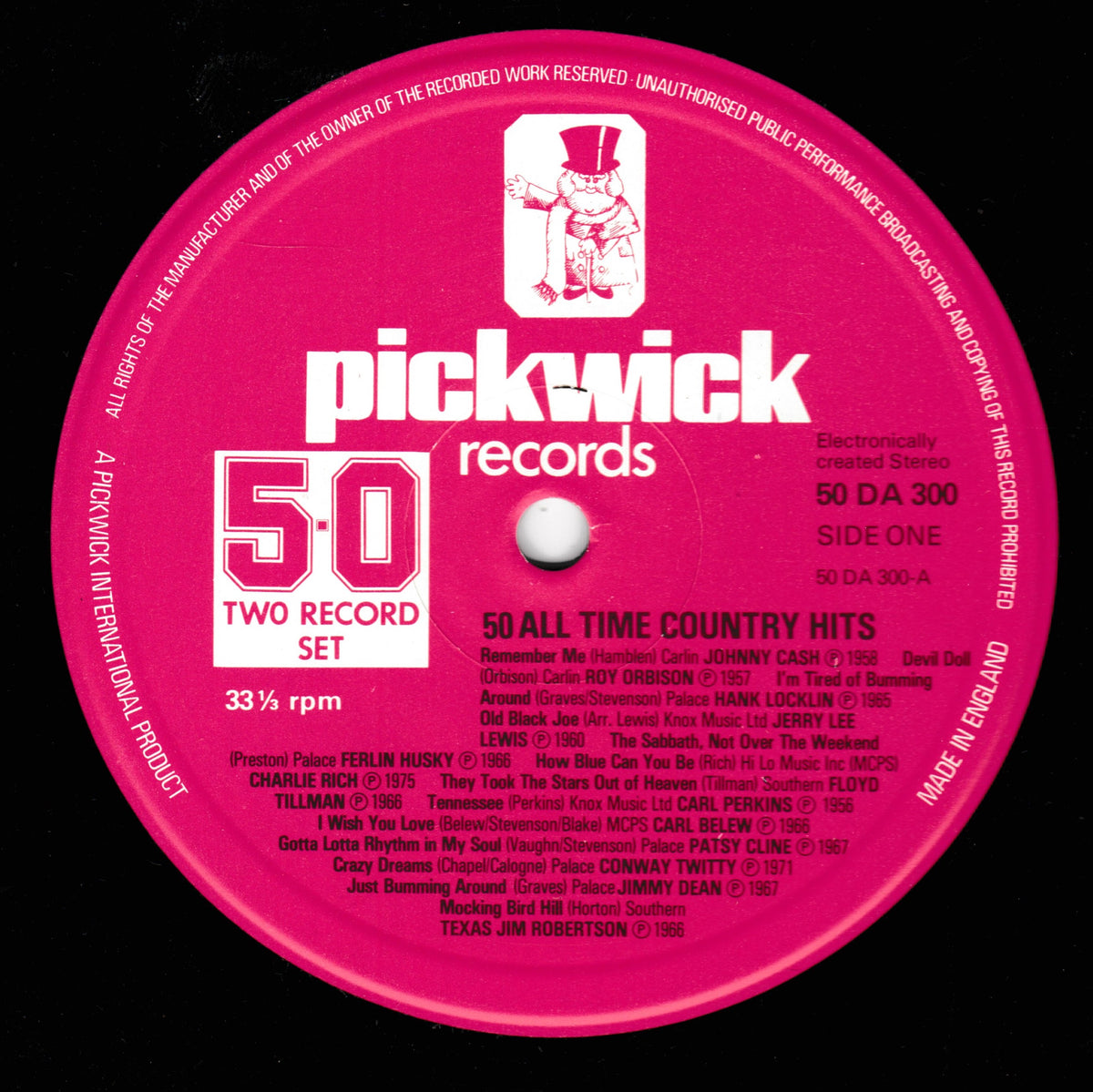 A pink vinyl record label for Pickwick Records 50 All Time Country Hits, a two record set, side one, with white text and tracklist details.