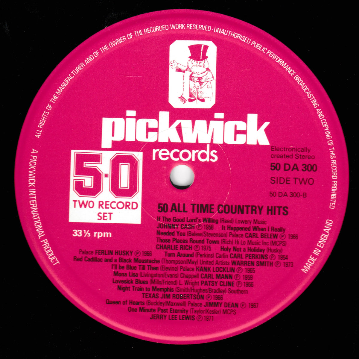 A close-up of a pink Pickwick Records 50 Two Record Set vinyl LP cover, featuring white text and logo on a bright magenta background.