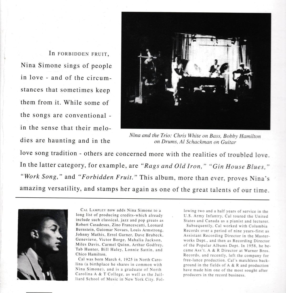 A black-and-white LP cover featuring biographical text about Nina Simone, including the headline 'In Forbidden Fruit,' a body of editorial copy, and two small photos of Nina Simone performing on stage and holding a microphone.