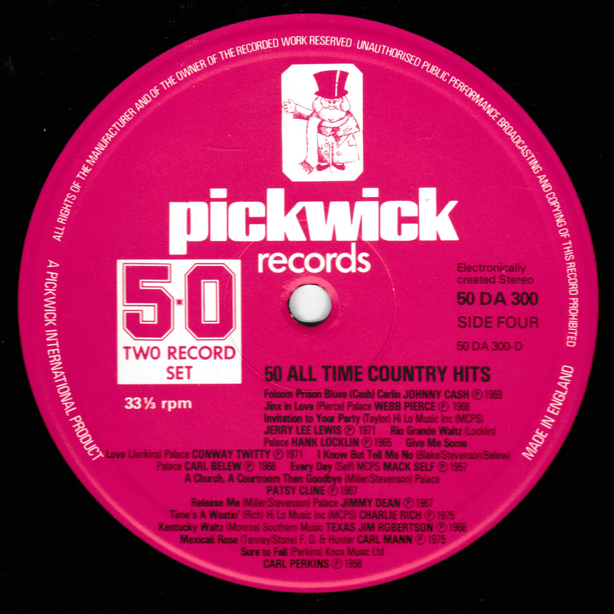 A pink and white Side Four vinyl record cover for Pickwick Records' '50 All Time Country Hits', featuring the Pickwick mascot and tracklist details on a black background.
