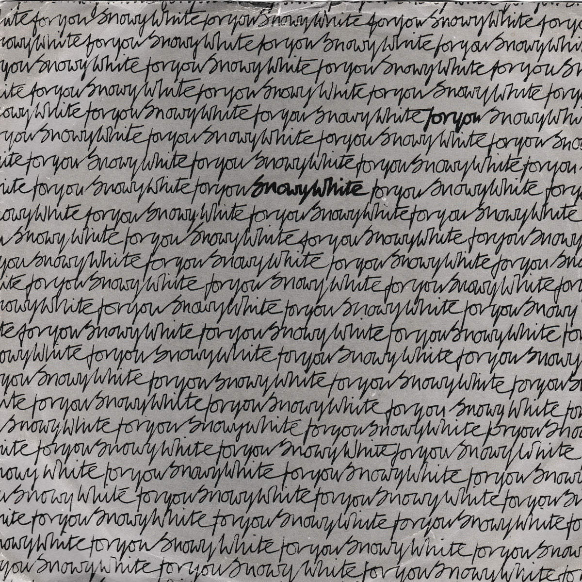 A close-up of a textured gray surface covered in a repeating cursive script that reads 'for you snowy white for you snowy white'.