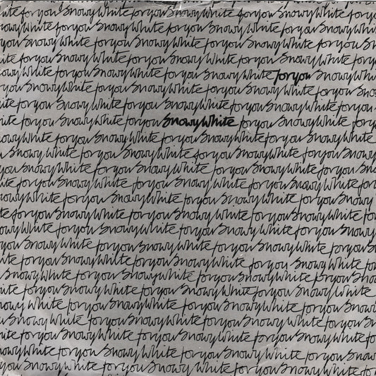 A close-up of a textured gray surface covered in a repeating cursive script that reads 'for you snowy white for you snowy white'.