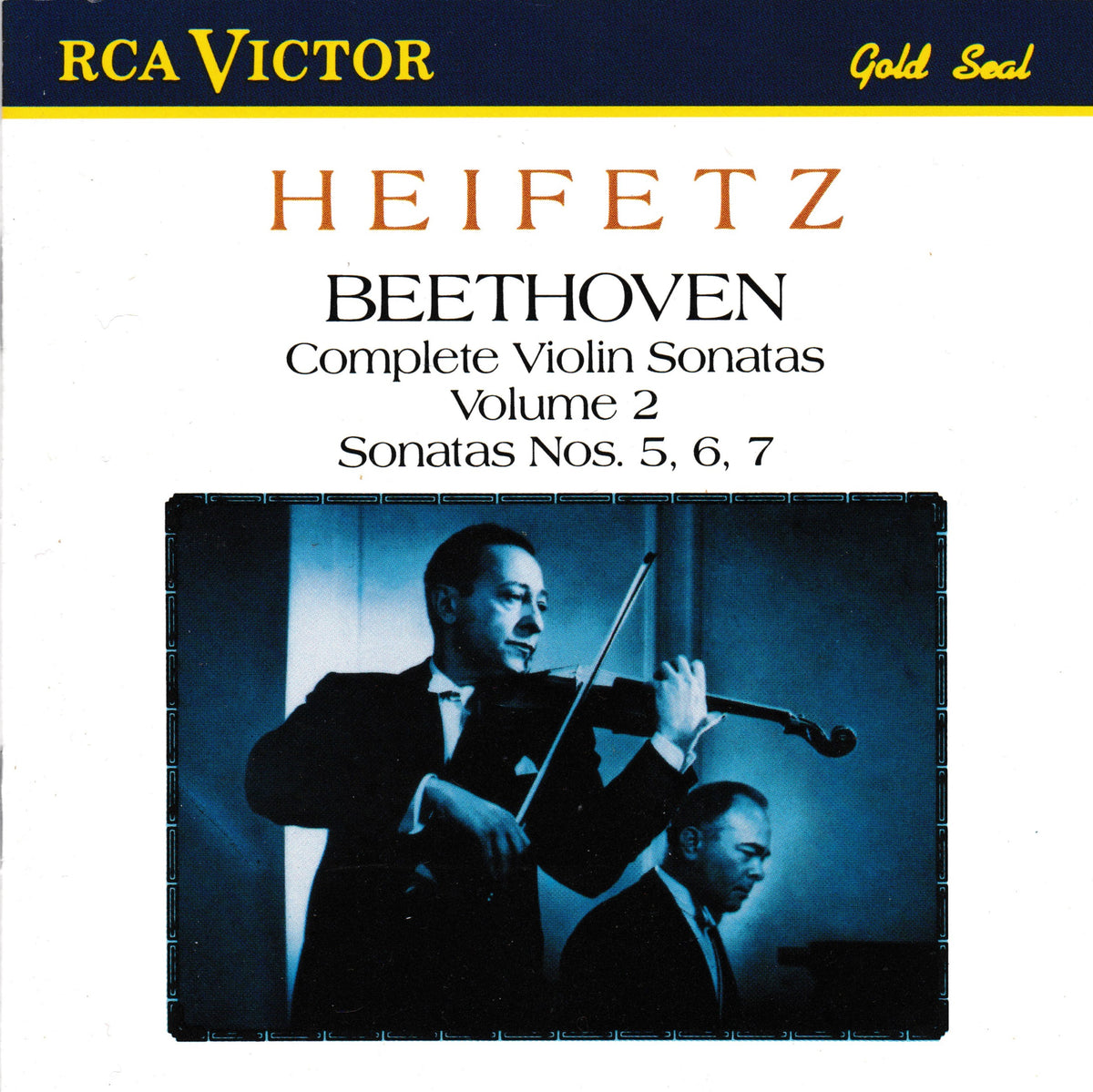 RCA Victor Gold Seal album cover for 'Heifetz Beethoven Complete Violin Sonatas Volume 2', featuring a white background with gold and orange text and a blue-toned photograph of a violinist.