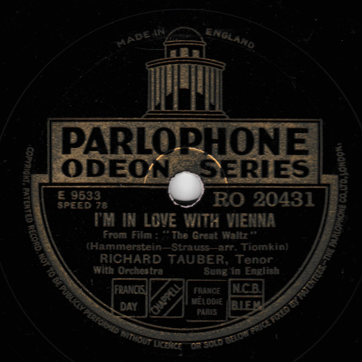 A vintage Parlophone Odeon Series 78 record label for Richard Tauber's song 'I'm In Love With Vienna', featuring gold lettering and graphics on a black vinyl disc.