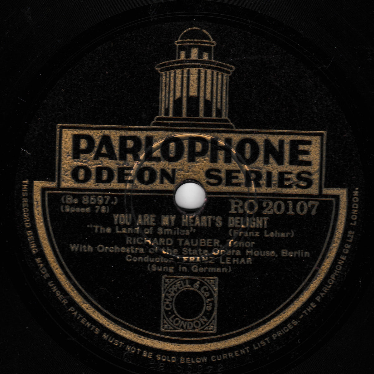 A close-up of a vintage Parlophone Odeon Series 78 vinyl record label for Richard Tauber's 'You Are My Heart's Delight', featuring gold lettering and graphics on a black background.
