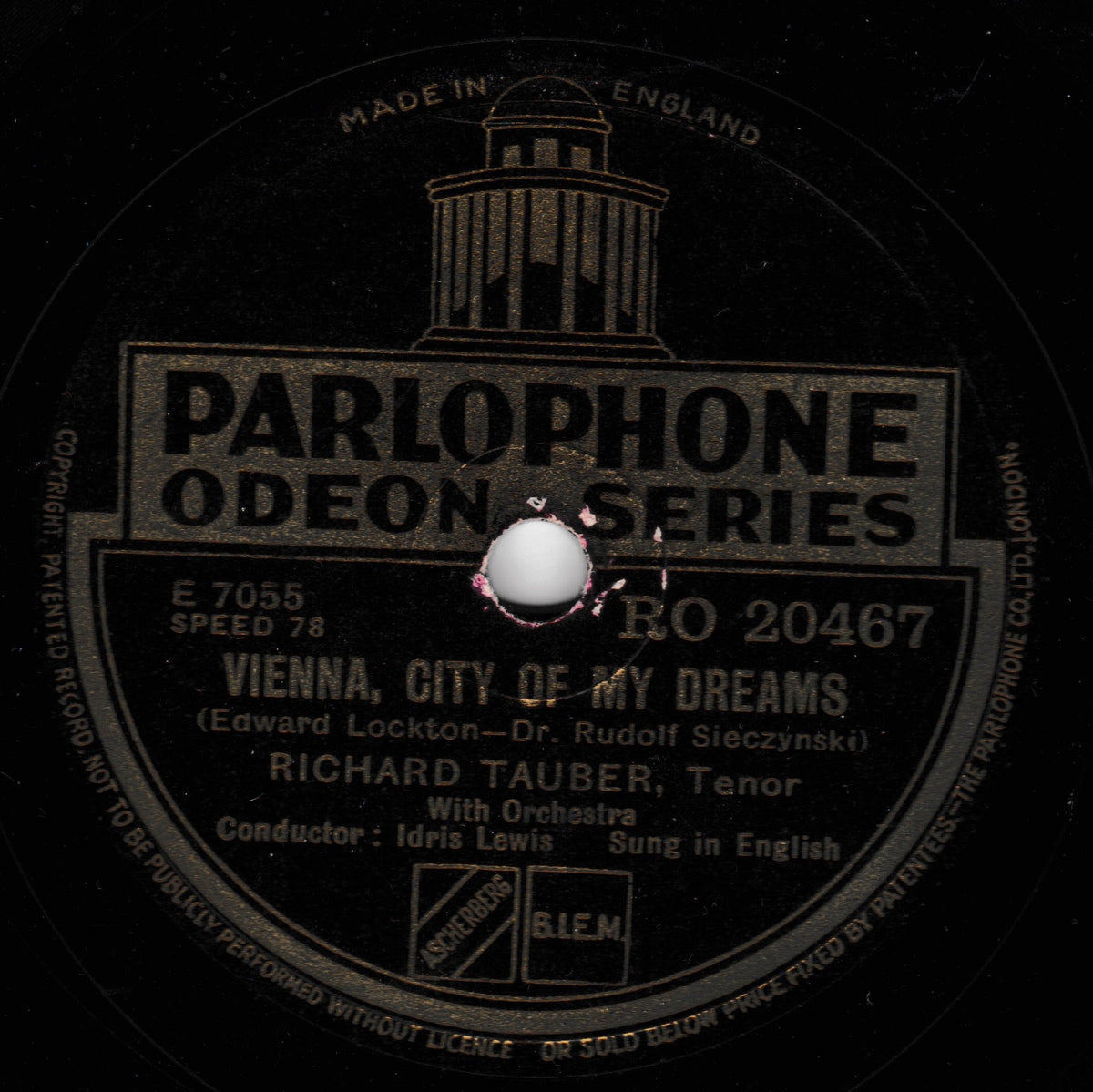 A vintage Parlophone Odeon Series 78 record label for Richard Tauber's 'Vienna, City of My Dreams', featuring a black disc with gold lettering and a central white label.