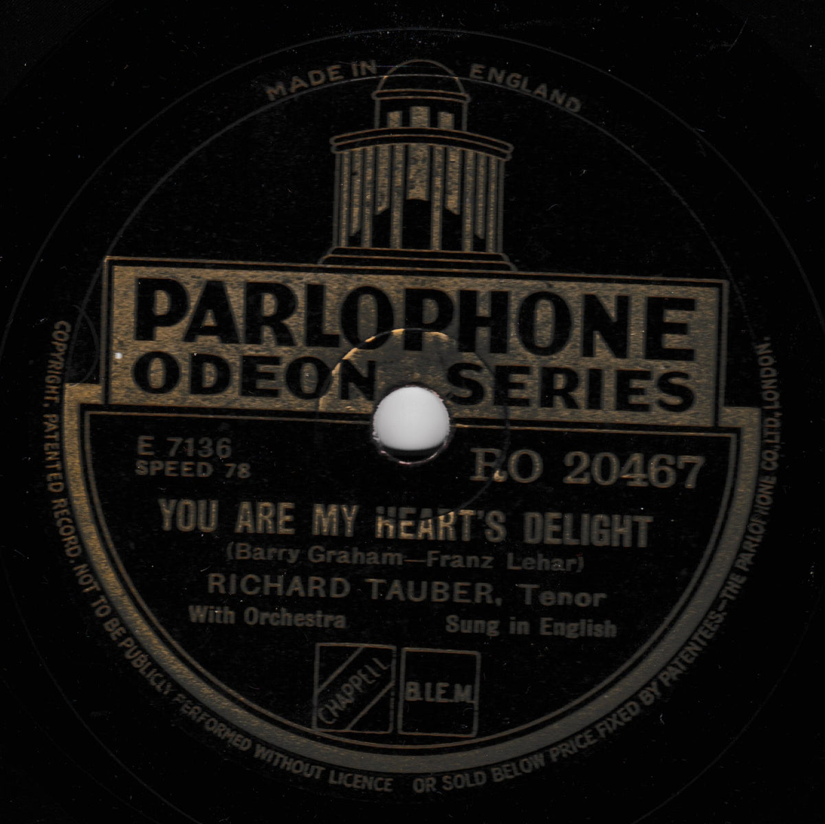 A vintage Parlophone Odeon Series 78 rpm record label for Richard Tauber's song 'You Are My Heart's Delight', featuring gold lettering on a black vinyl disc.