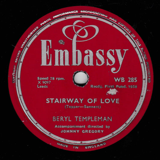 A vintage red shellac record label for the song 'Stairway of Love' by Beryl Templeman, featuring the prominent white 'Embassy' logo and black text on a black background.