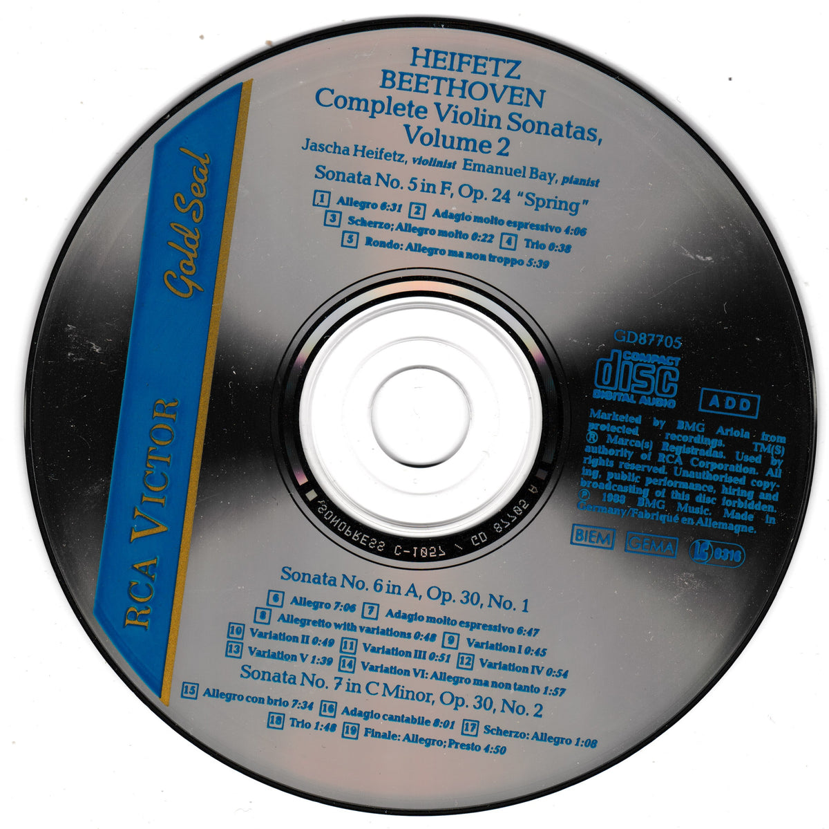 A CD for Heifetz and Beethoven Complete Violin Sonatas, Volume 2, published by RCA Victor. The disc features a black outer ring with blue text, a bright blue vertical band on the left, and a silver reflective centre hub.