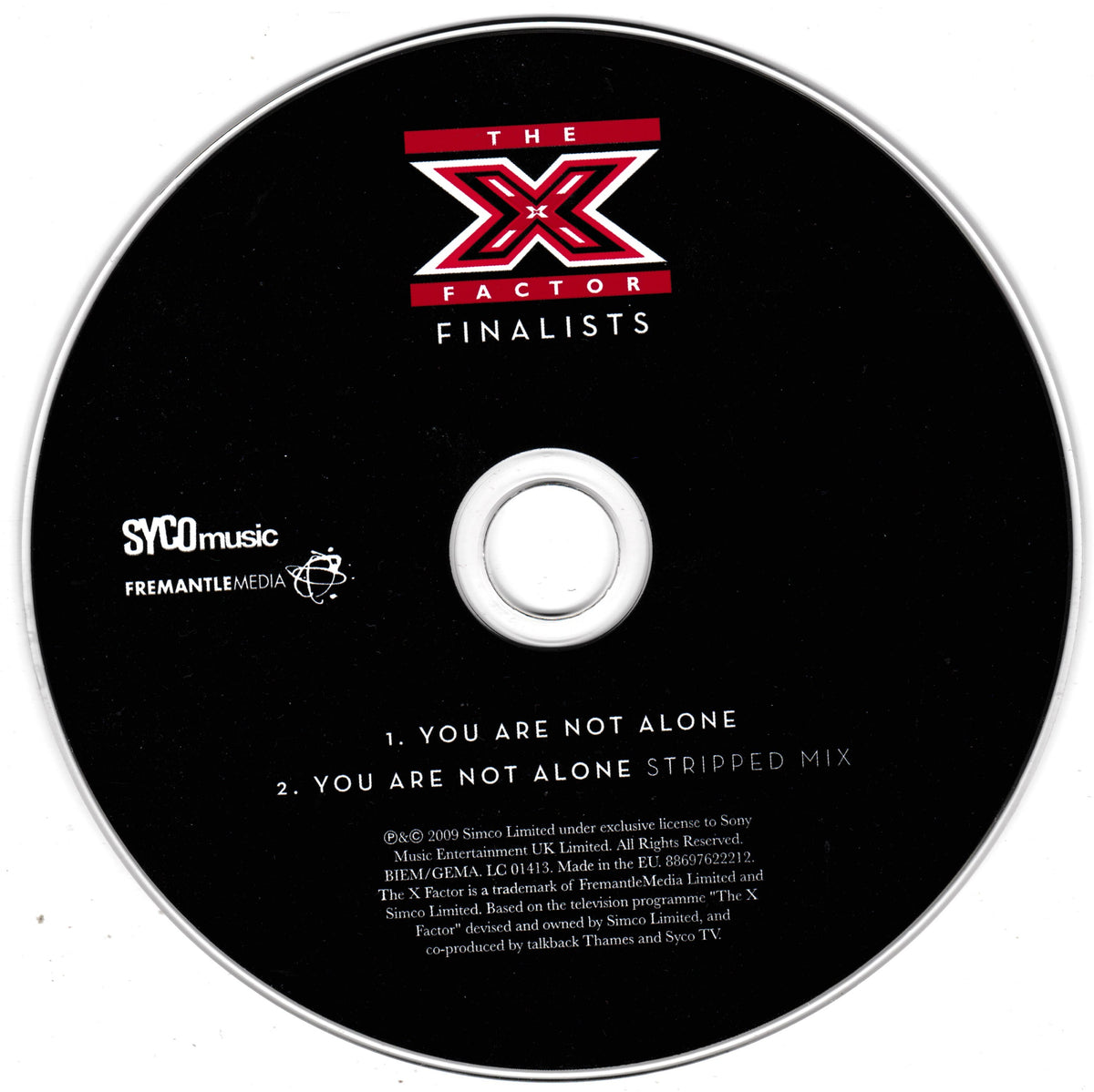 A black compact disc with printed text and logos for 'The X Factor Finalists' and 'Syco Music Fremantle Media', shown on a white background.