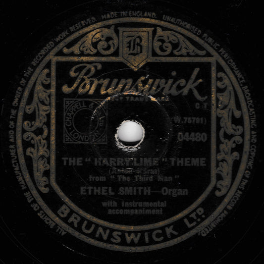 A vintage Brunswick 10-inch record label for Ethel Smith's organ arrangement of 'The Harry Lime Theme' from 'The Third Man', showing the Brunswick logo.