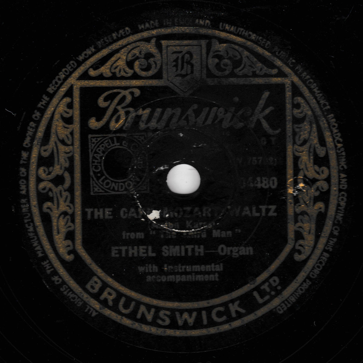 A vintage Brunswick record label for Ethel Smith's 'The Cello-Motaz Waltz' on a black background.