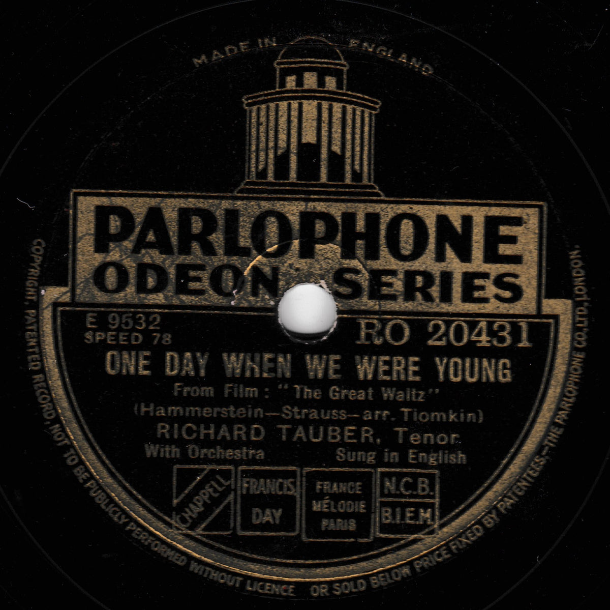 A vintage Parlophone Odeon Series 78 record label for Richard Tauber's song 'One Day When We Were Young', featuring gold text and graphics on a black background.