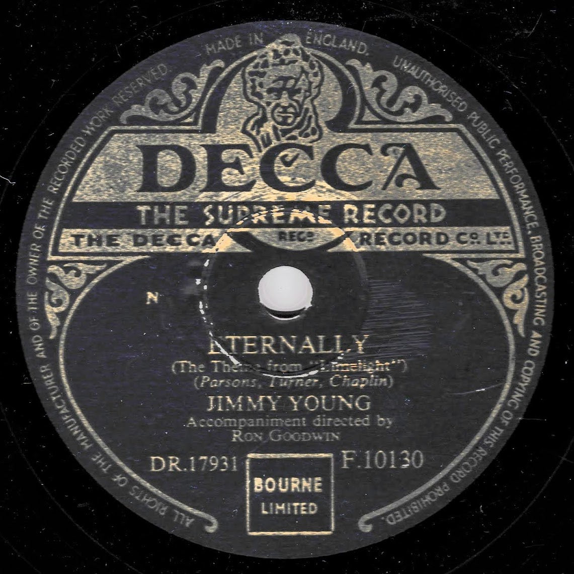 A vintage DECCA 10-inch record label for Jimmy Young's song 'Eternally', featuring gold lettering and graphics on a black background.