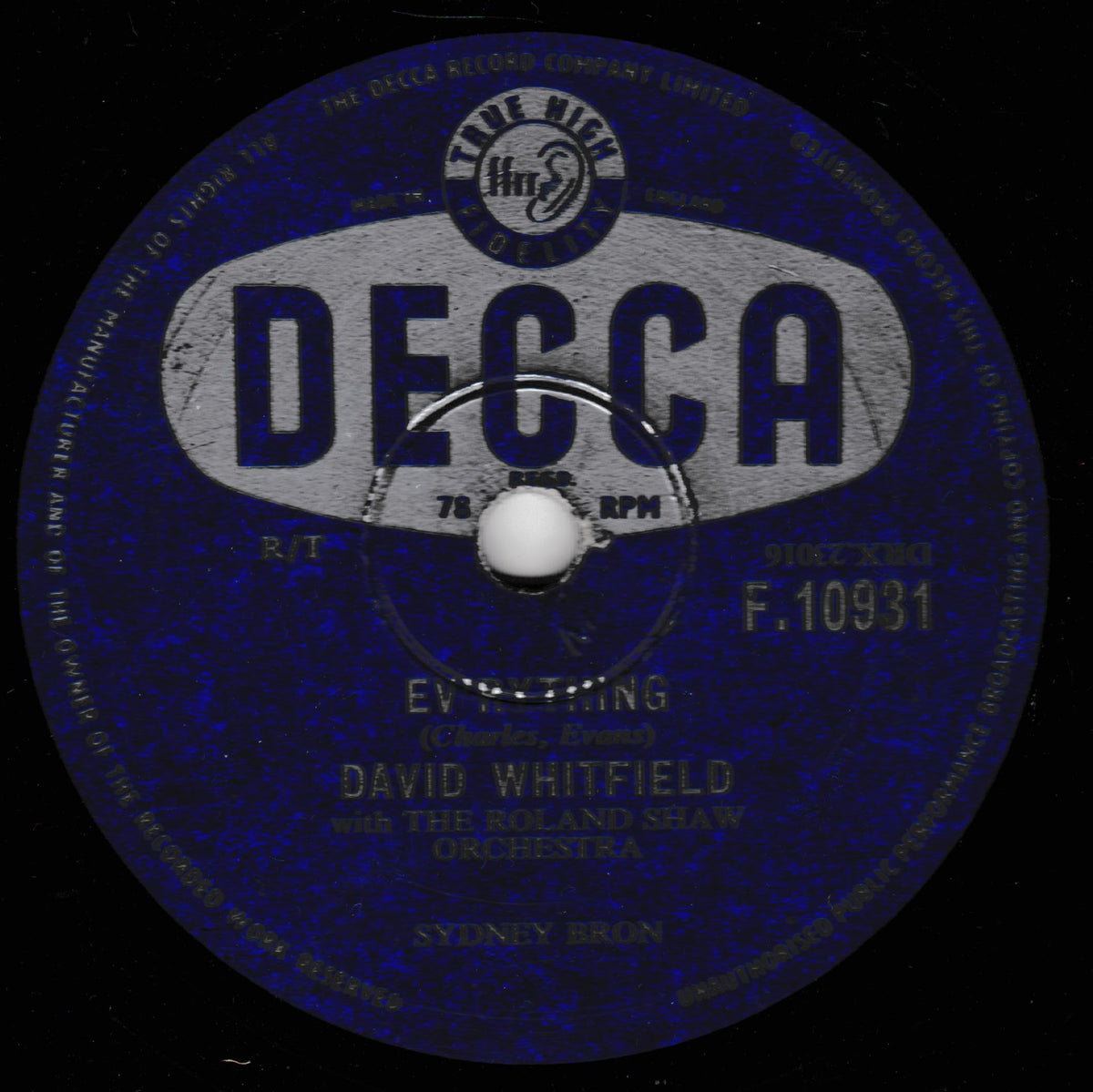 A vintage Decca 10-inch record label for David Whitfield's 'Ev'rything' with the Roland & Swan Orchestra, featuring a dark blue and black design with a gray central label area.