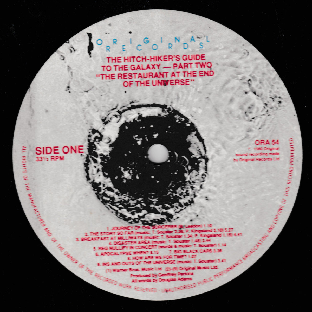 A circular vinyl record label from Original Records, featuring a black-and-white abstract design with red and blue text. The label reads 'The Hitch-Hiker's Guide to the Galaxy — Part Two' and lists track titles and credits for Side One, 33 1/3 RPM.