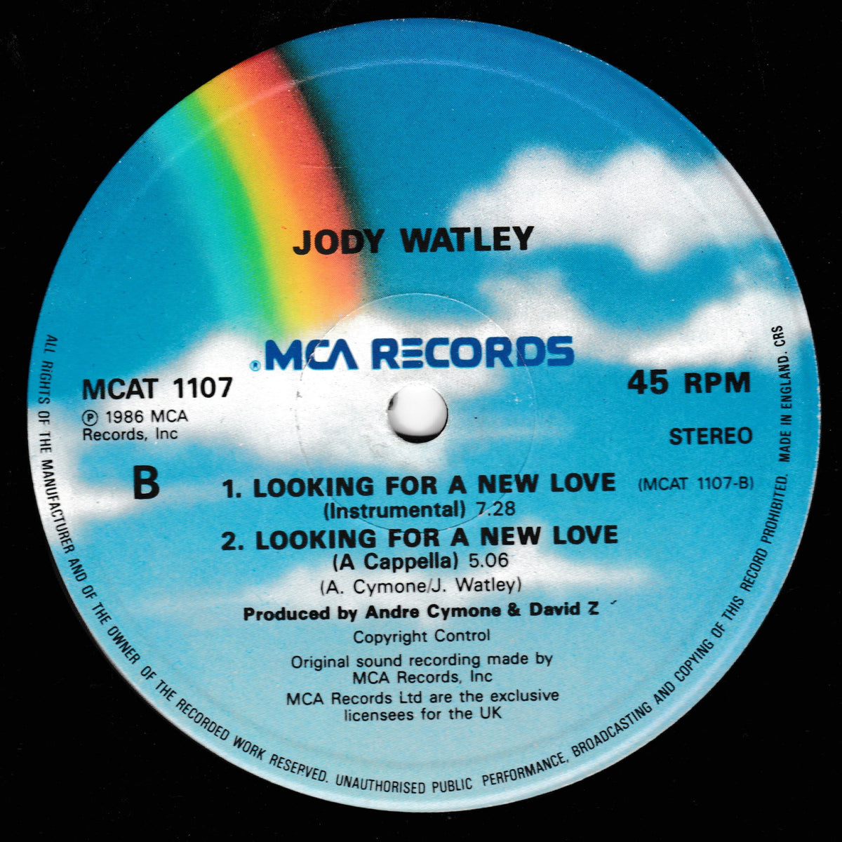 A circular vinyl record label for Jody Watley's 'Looking For A New Love' instrumental track, featuring a blue sky and clouds design with a rainbow on a black background. MCA Records branding is visible.