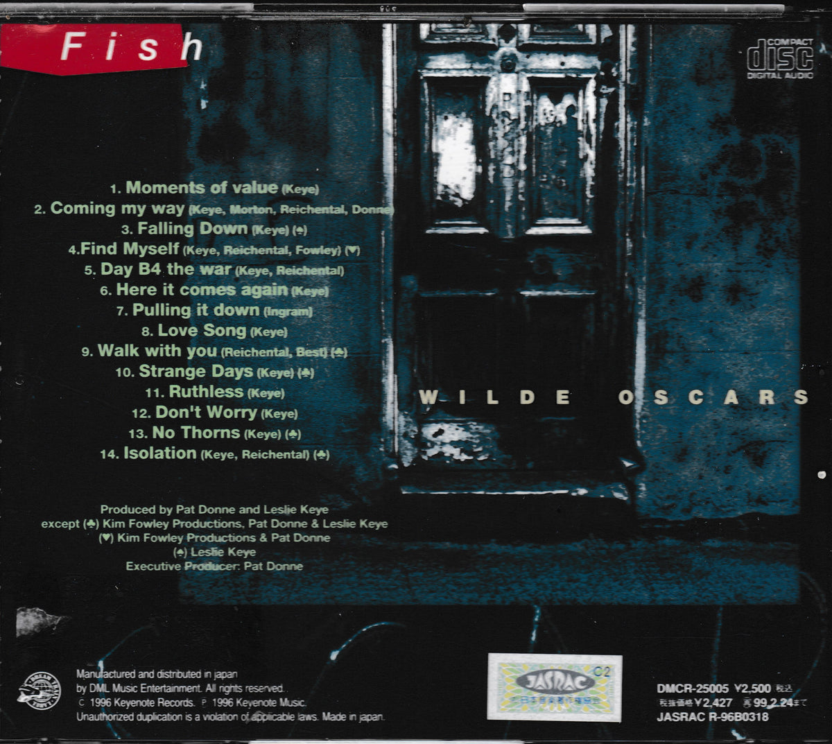 The back cover of the CD album 'Fish' by Wilde Oscars, featuring a dark blue-toned image of a door with tracklist text on the left and the artist name 'WILDE OSCARS' on the right.
