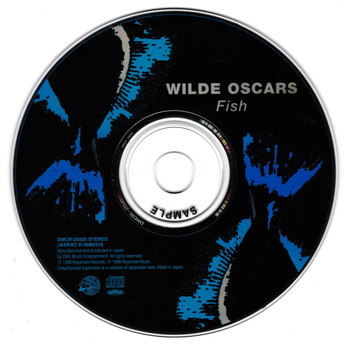 A CD for Wilde Oscars' album 'Fish', featuring a black disc with blue abstract brushstroke graphics and white text, manufactured and distributed by Keyers Records.
