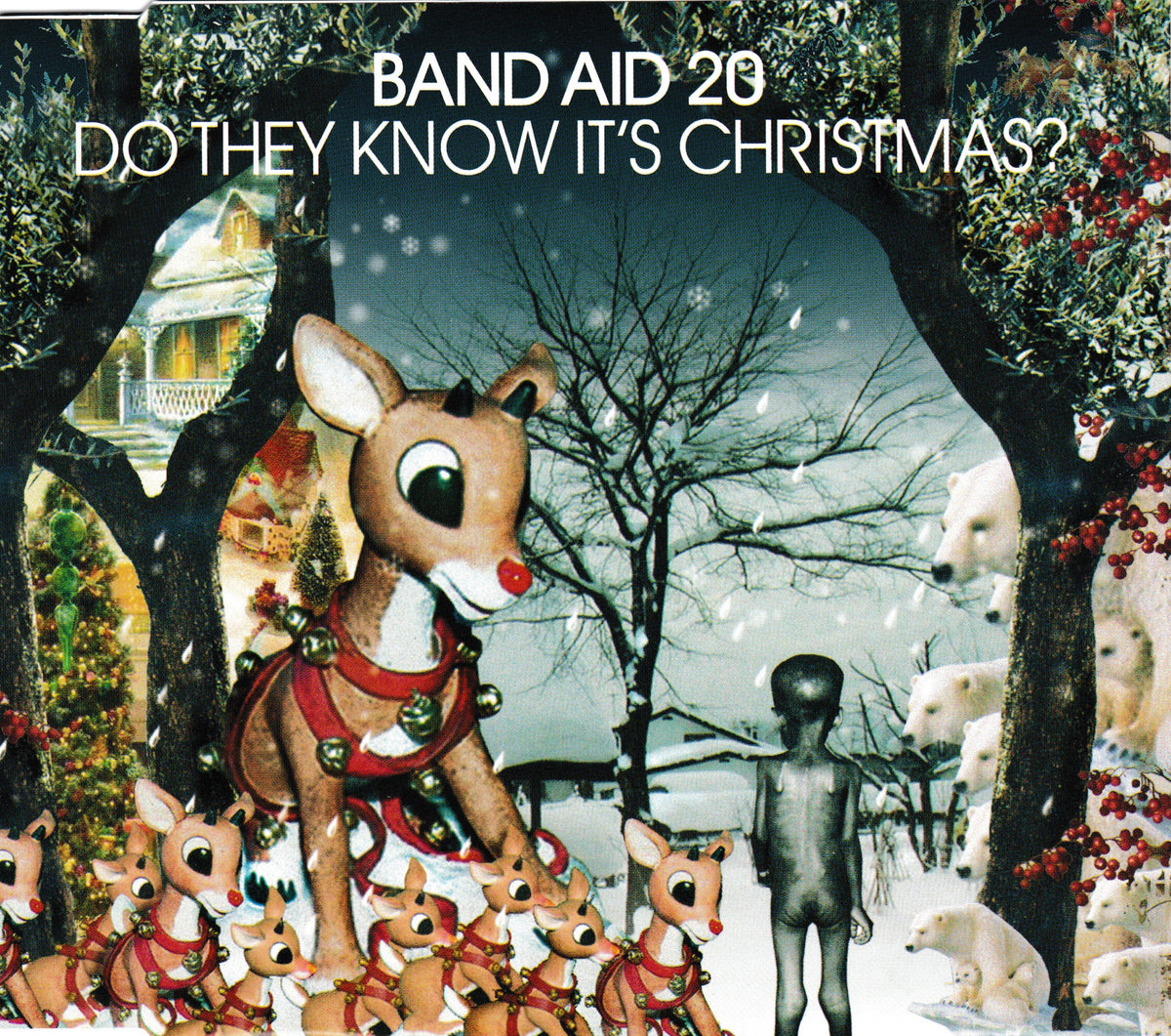 The single cover for Band Aid 20's 'Do They Know It's Christmas?', featuring a whimsical winter scene with a large reindeer, smaller reindeer, a child's silhouette, bears, trees, and snow. The text 'BAND AID 20' and 'DO THEY KNOW IT'S CHRISTMAS?' is printed at the top.