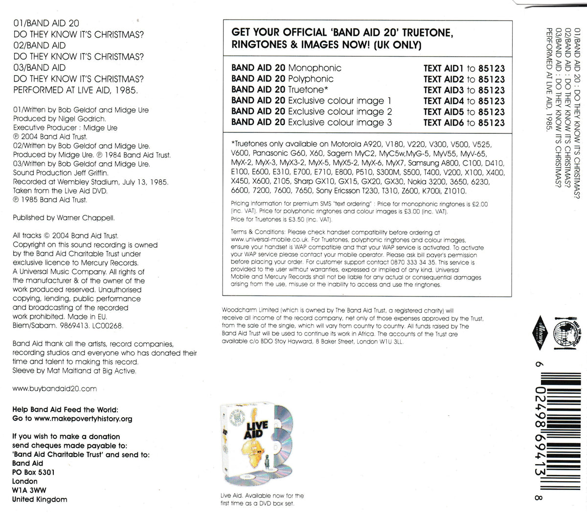 Back cover of a Band Aid 20 CD single package, showing track listing, copyright text, publisher credits, barcode, and website information on a white background.