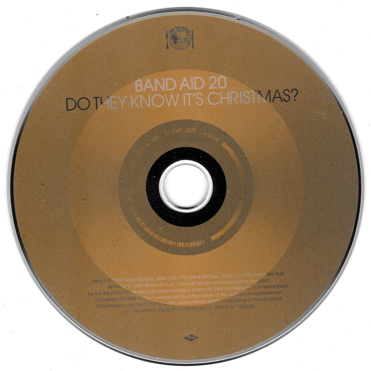 A used CD disc of Band Aid 20's single 'Do They Know It's Christmas?' on a white background.