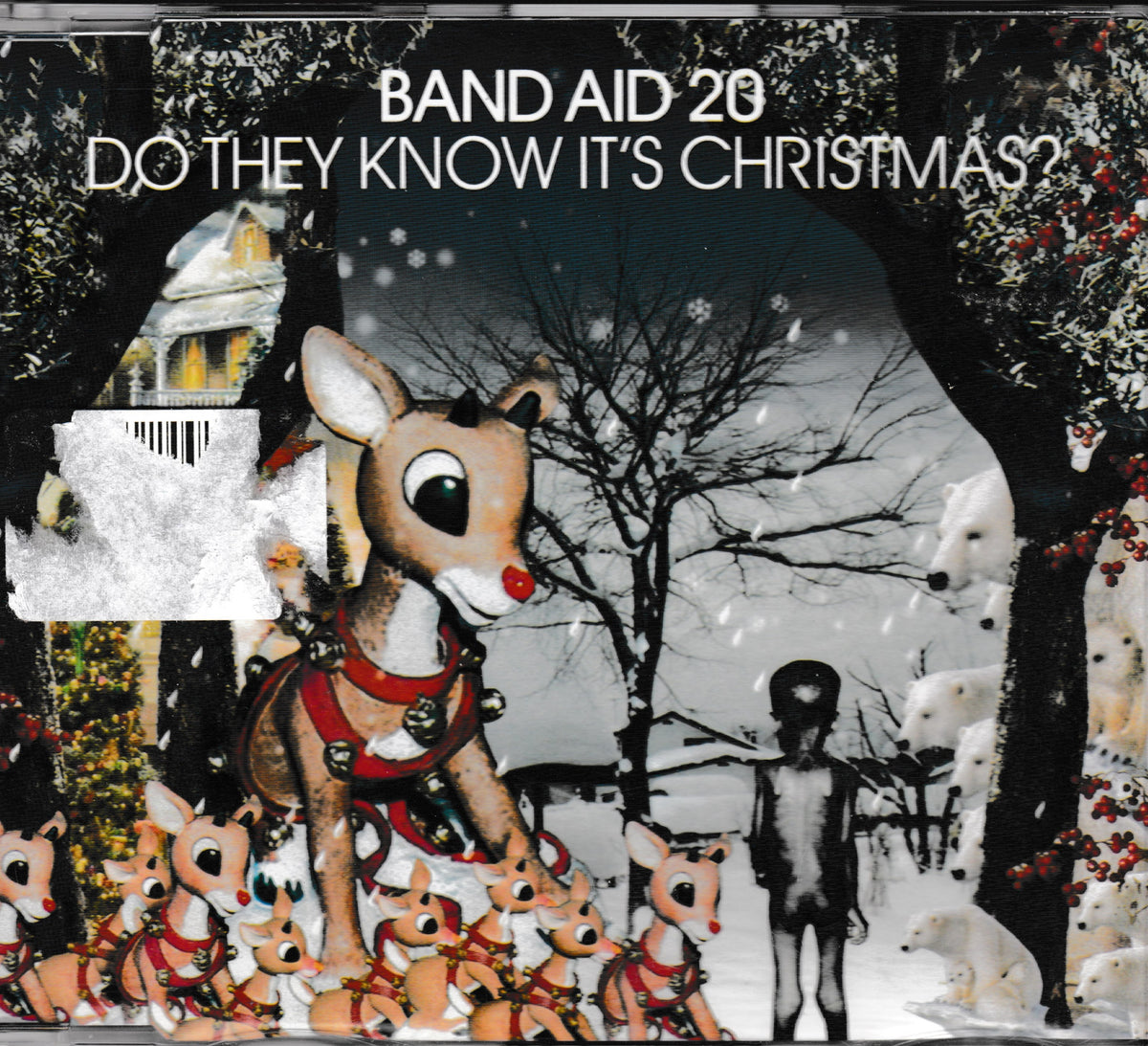 Band Aid 20's 'Do They Know It's Christmas?' single cover artwork, featuring a collage of Rudolph the Red-Nosed Reindeer, smaller reindeer toys, a snow-covered house, bare winter trees, and a small figure in the snow.