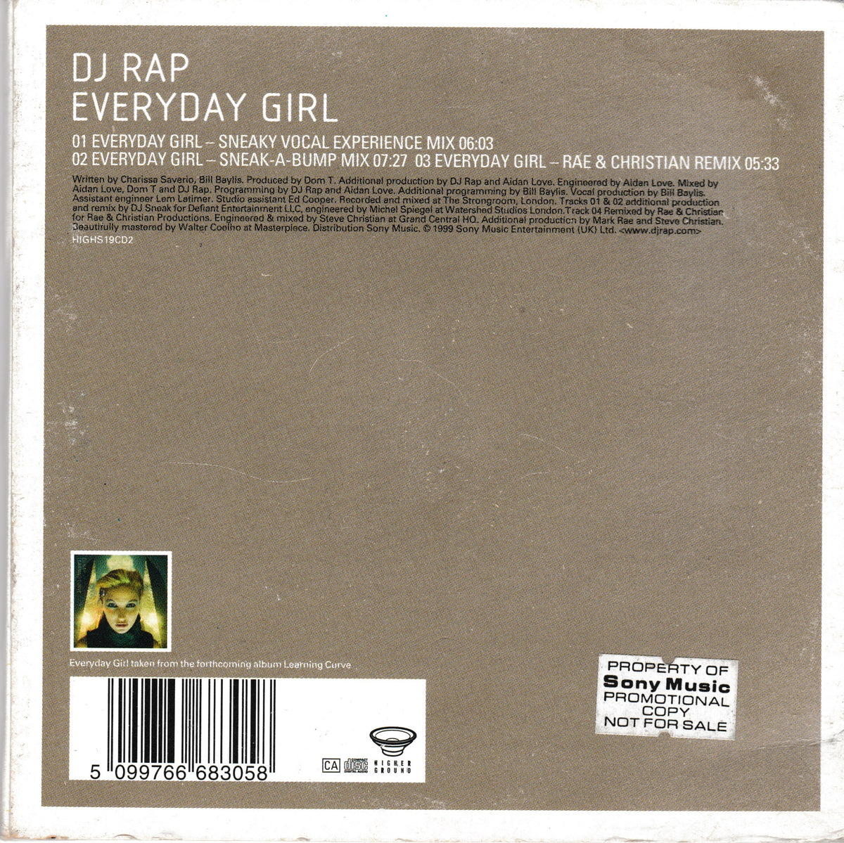 The back cover of a CD for DJ Rap's 'Everyday Girl' mix single, featuring track listings, a barcode, and a Sony Music logo on a textured taupe background.