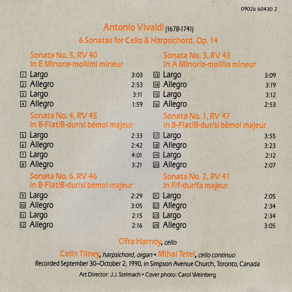 A printed CD insert for Antonio Vivaldi's 6 Sonatas for Cello and Harpsichord, Op. 14, featuring orange title text and track listings on a light beige background.