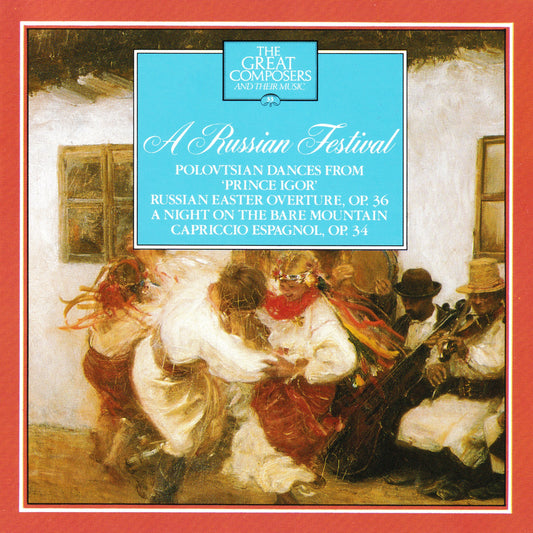 Album cover for 'A Russian Festival' featuring a painted scene of dancers and musicians, with a large light blue title box and text identifying 'The Great Composers and Their Music' and works by Grieg, Mendelssohn, and Respighi.