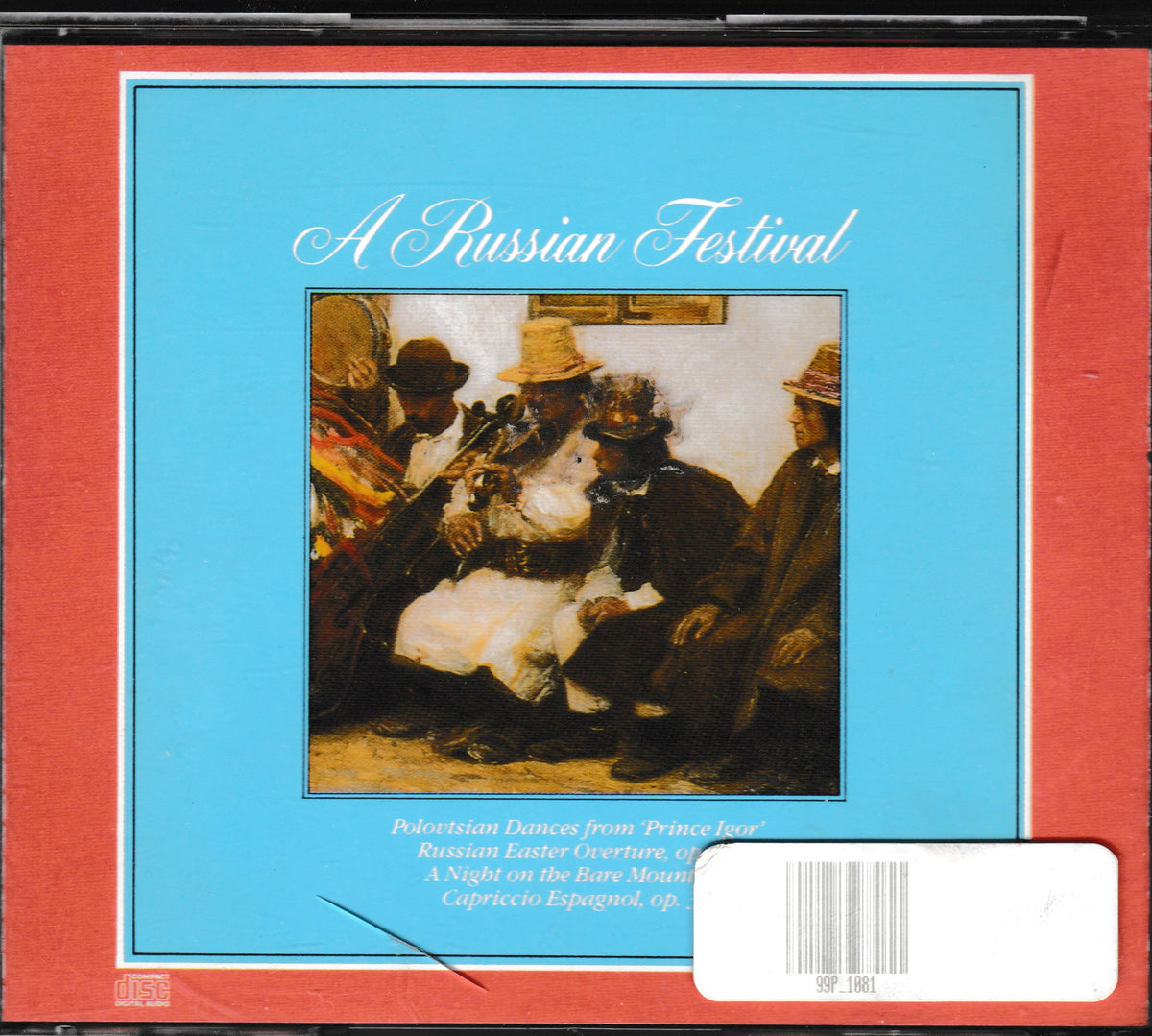 CD album cover for 'A Russian Festival' with a bright blue central panel, red border, and a painting depicting musicians. A barcode sticker is visible in the lower right corner.