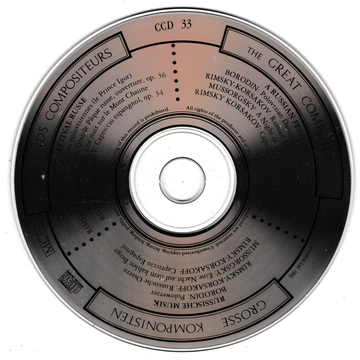 A CD of a music compilation titled 'The Great Composers' by Grosse, featuring a circular black and rose gold label with white text listing composers and works.