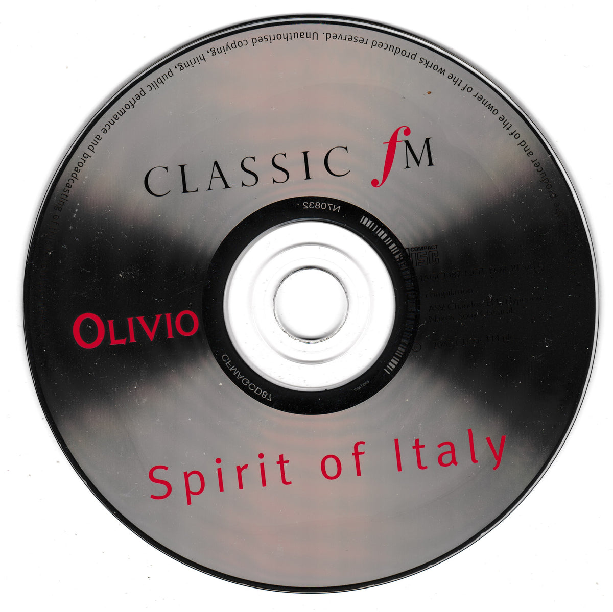 An optical CD with a reflective silver and black gradient surface, featuring the text 'CLASSIC fm', 'OLIVIO', and 'Spirit of Italy' in red and black, on a plain white background.