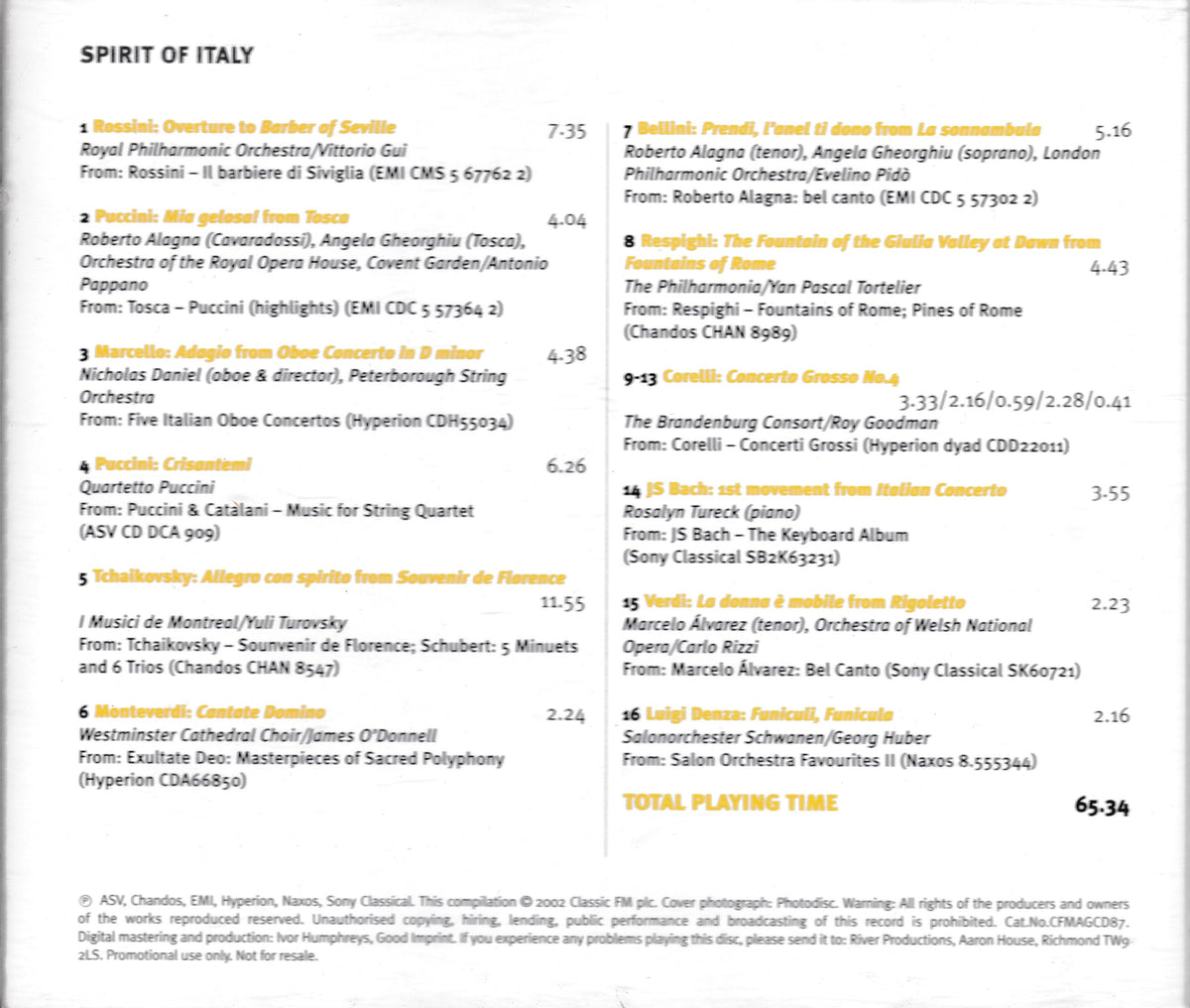 Back cover for 'Spirit of Italy' featuring a table of contents with song titles, composers, lyricists, and durations, plus a copyright notice at the bottom.