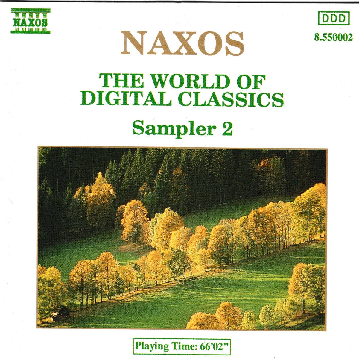 Naxos 'The World of Digital Classics Sampler 2' album cover featuring a landscape photo of autumn trees on green hills, with green and gold text on a white background.